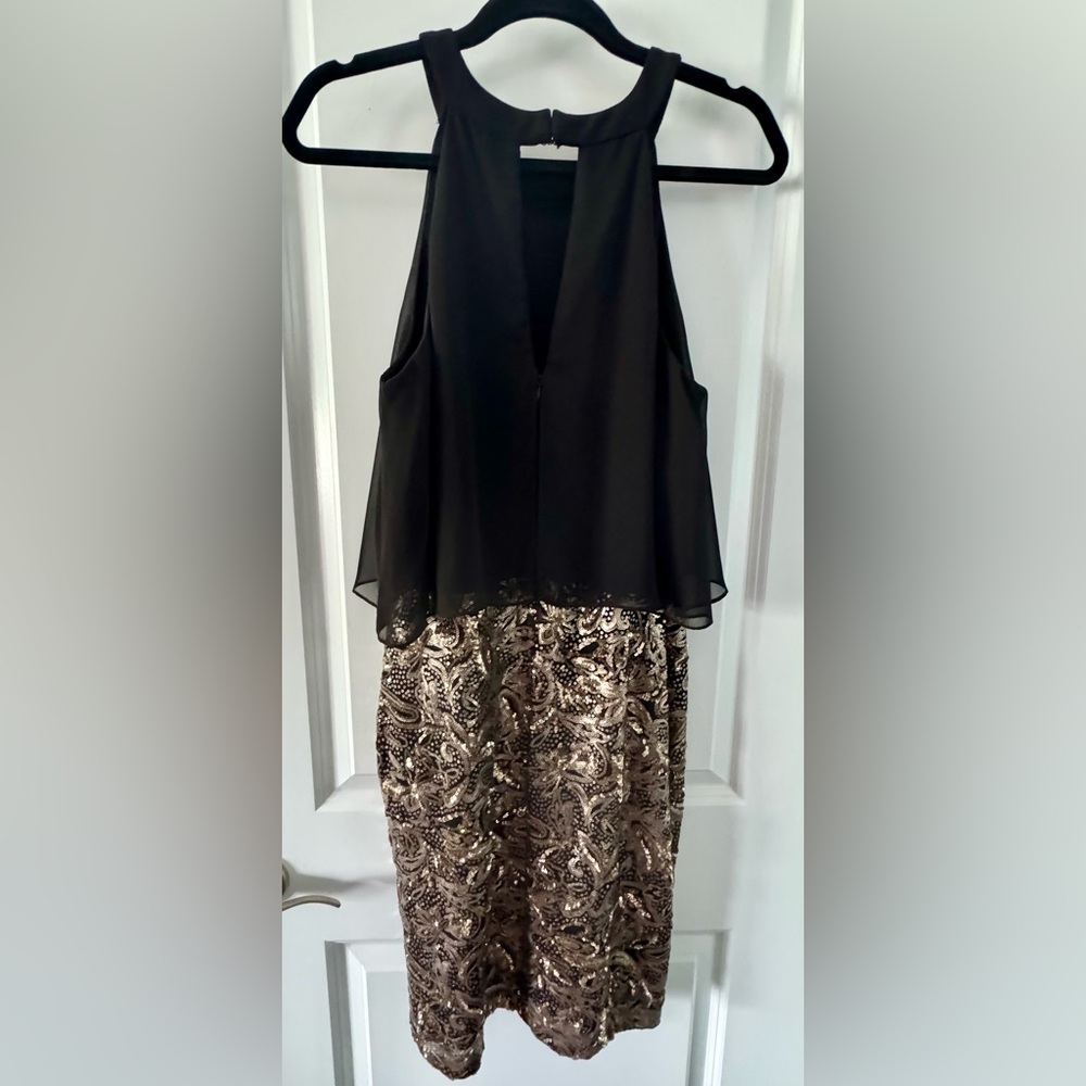 Elegant black chiffon top gold sequin bottom cocktail dress